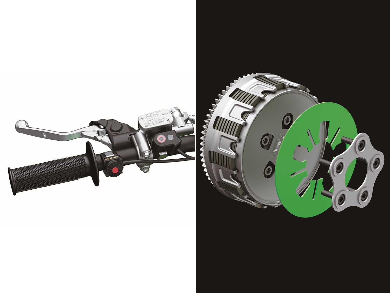 A new Nissin hydraulic clutch master cylinder actuates the 2021 Kawasaki KX250’s new coned disc-spring clutch setup.