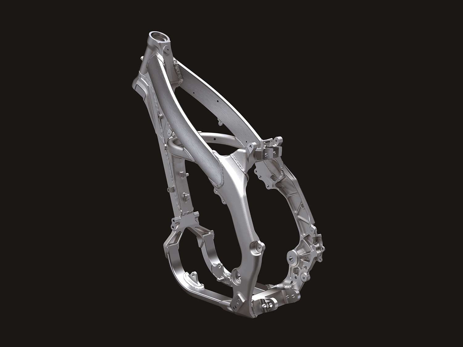 The KX250’s new frame for 2021 shares many similarities with the 2019–2021 KX450 frame. One of the key differences is the shock tower mount.