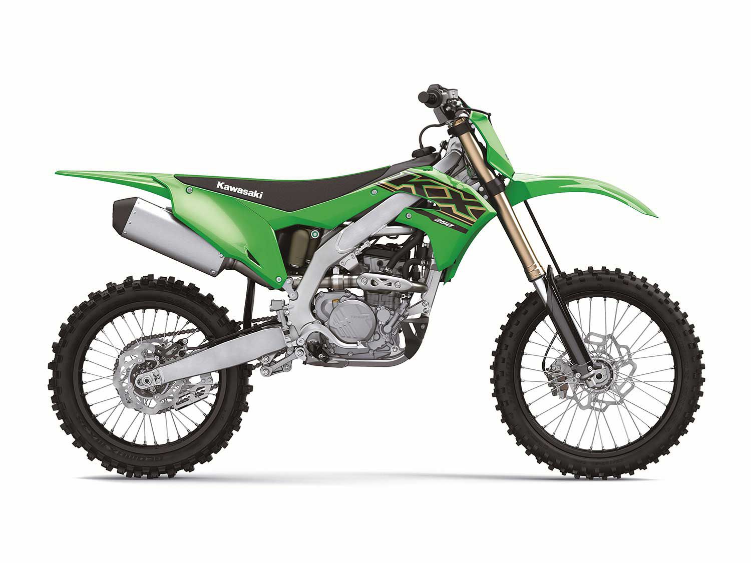 New bodywork, slimmer radiator shrouds, and a flatter design at the top of the fuel tank are a few of the ergonomics changes made to the KX250 for 2021.