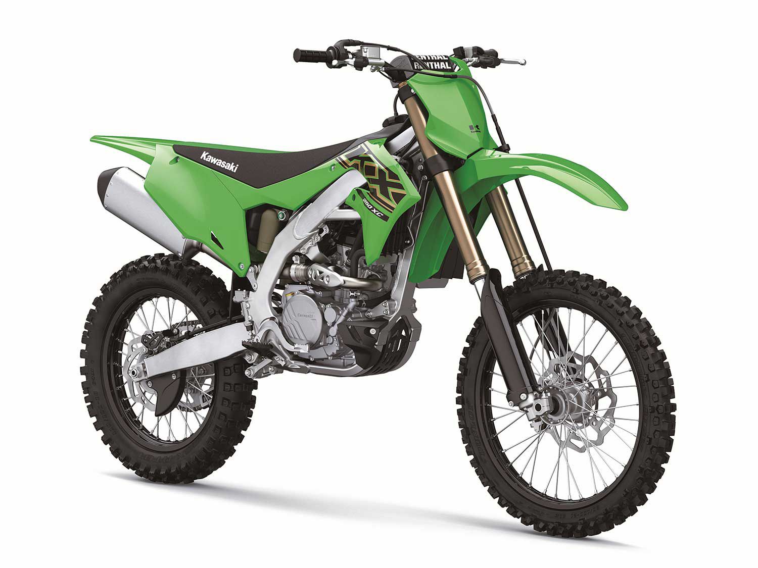Both of Kawasaki’s new off-road models share many similarities to their motocross counterparts, but feature softer suspension settings, shorter gearing, XC-specific brake pads, an 18-inch rear wheel, Dunlop Geomax AT81 tires, a skid plate, and kickstand.