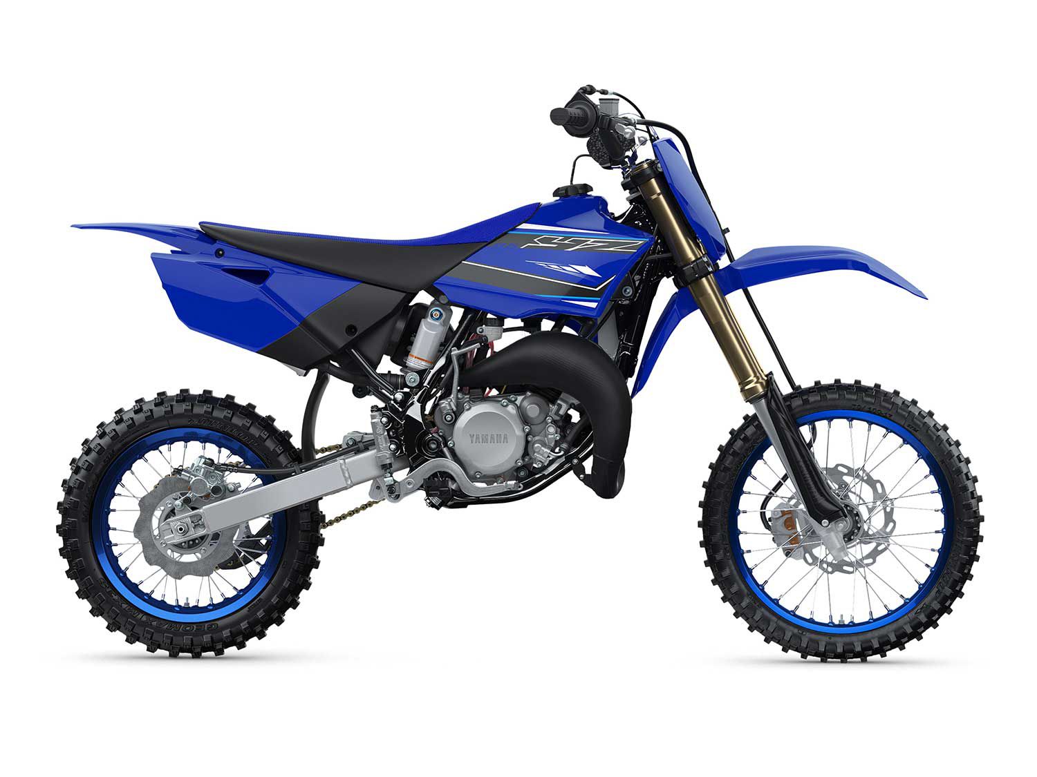 After many years of coming with white fork guards, all of Yamaha’s motocross bikes, including the YZ85 (pictured), are outfitted with black fork guards.